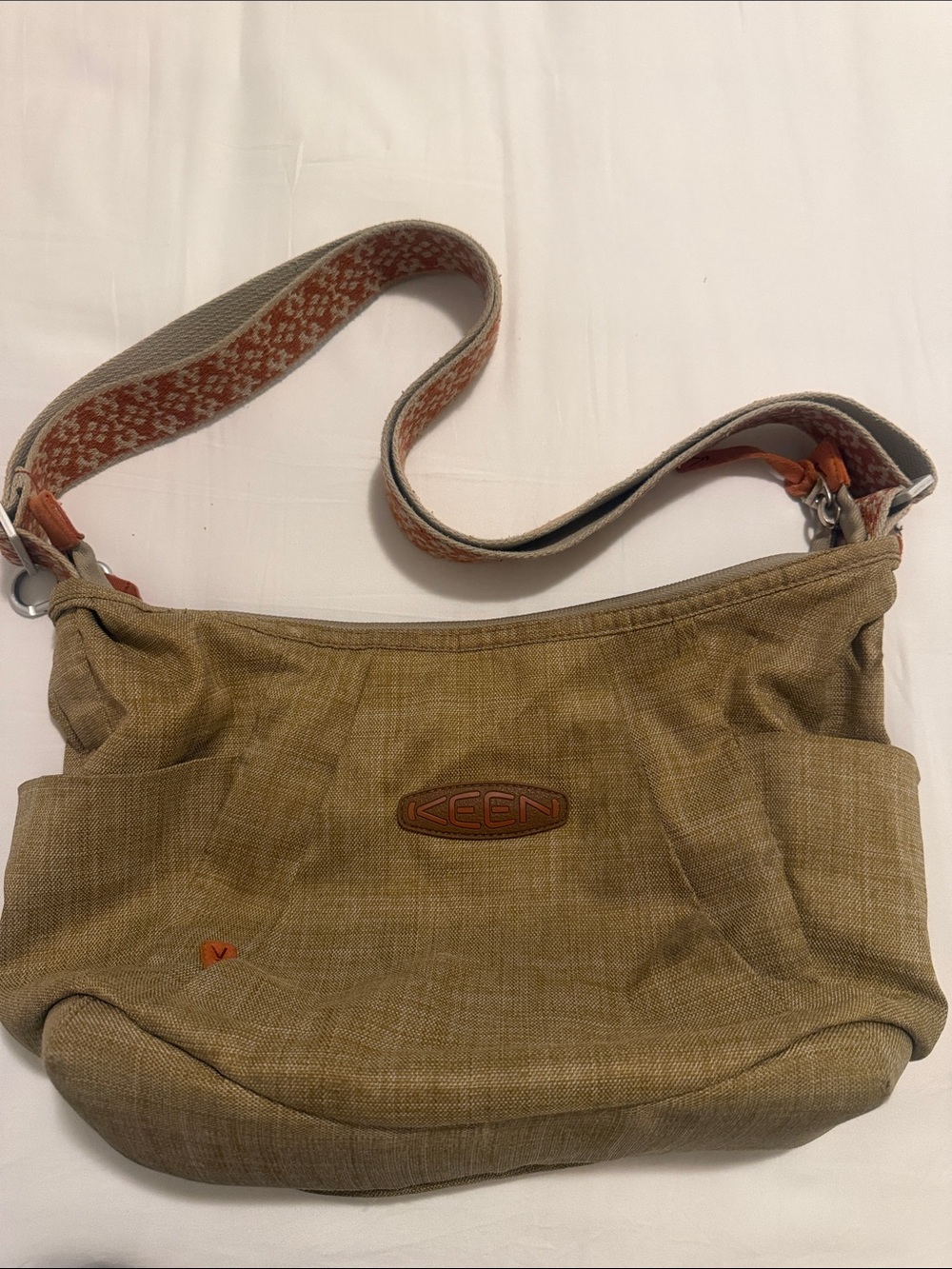 Keen Tan Crossbody Bag with Patterned Strap